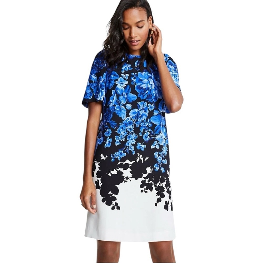 Ann Taylor Blue and Black Floral Midi Dress 0P new MSRP $129.00 New